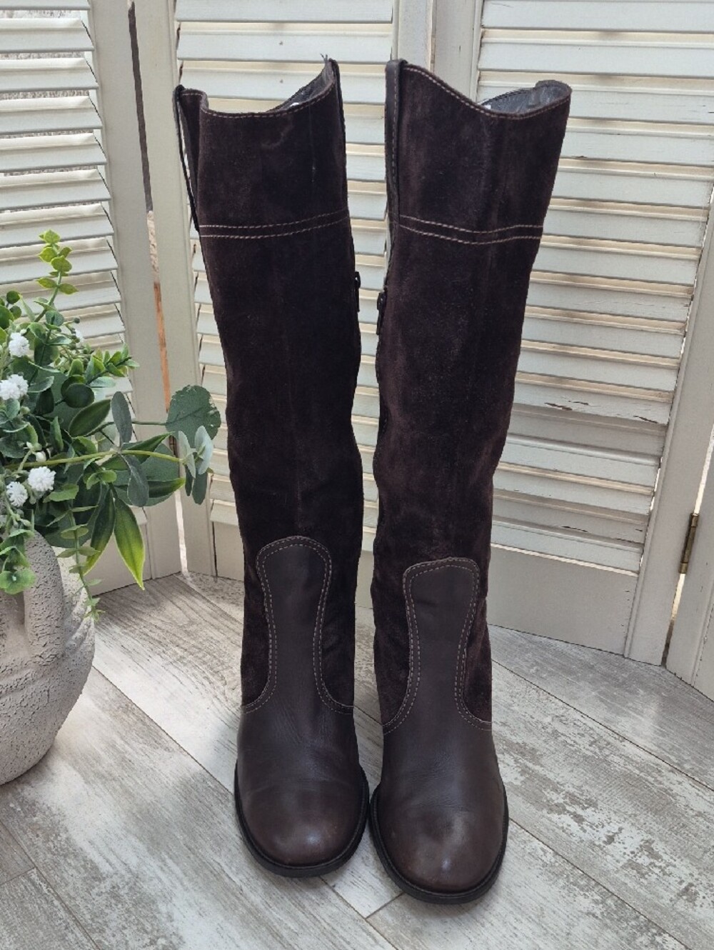 Franco Sarto Tall Dark Brown Suede & Leather Heel Boots - Picture 2 of 8